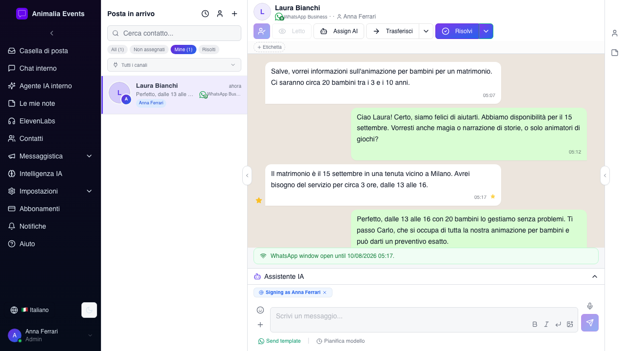 Casella condivisa: commerciale gestisce una richiesta cliente per animazione bambini a un matrimonio