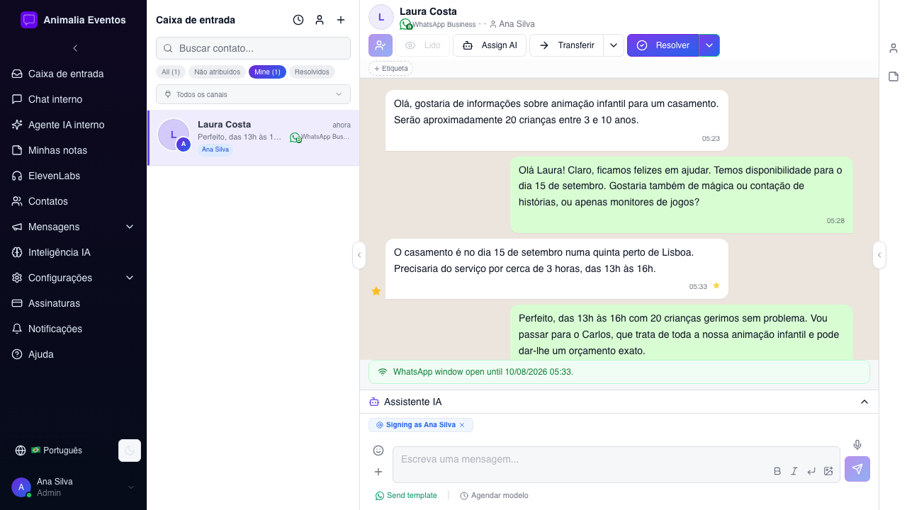 Caixa de entrada partilhada: comercial trata de uma consulta de cliente sobre animação infantil para casamento