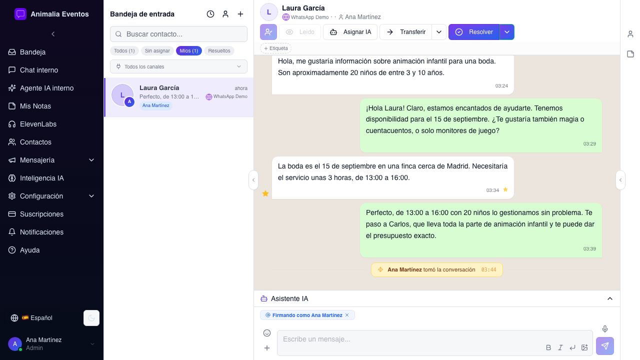 Bandeja compartida: comercial atiende consulta de cliente sobre animación infantil para boda