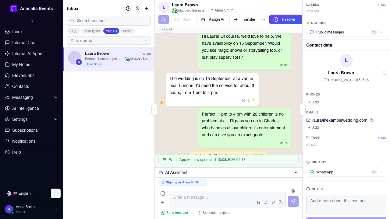 Contact panel with client details and conversation history