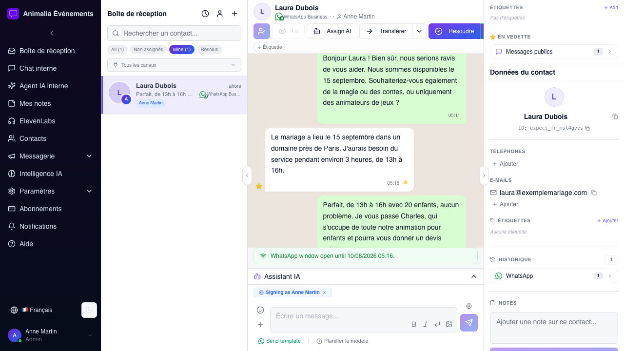 Panneau contact avec données client et historique des conversations