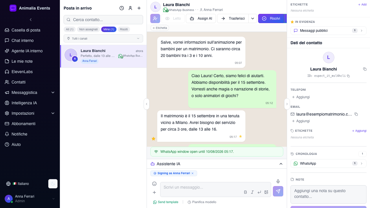 Pannello contatto con dati cliente e storico delle conversazioni