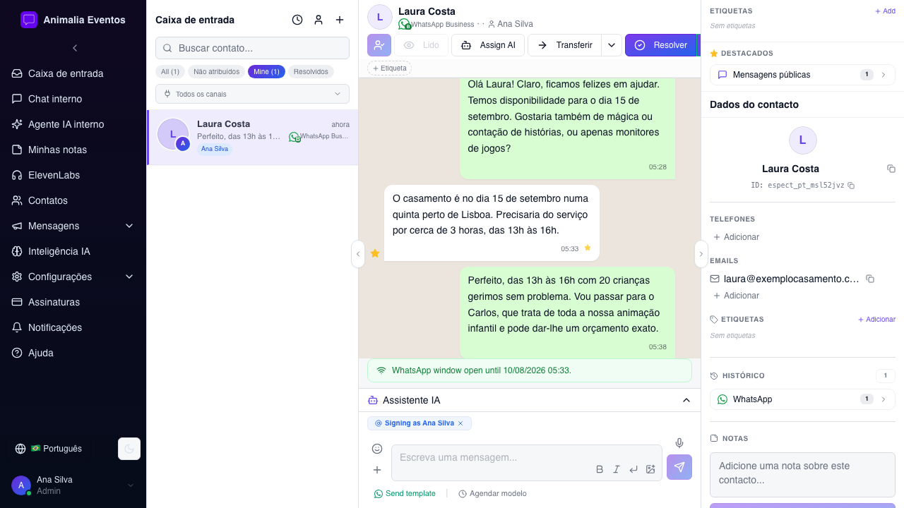 Painel de contacto com dados do cliente e histórico de conversas