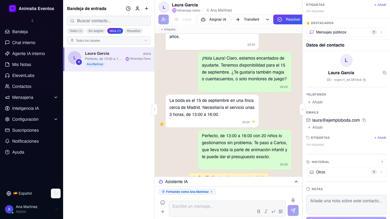 Panel de contacto con datos del cliente y historial de conversaciones