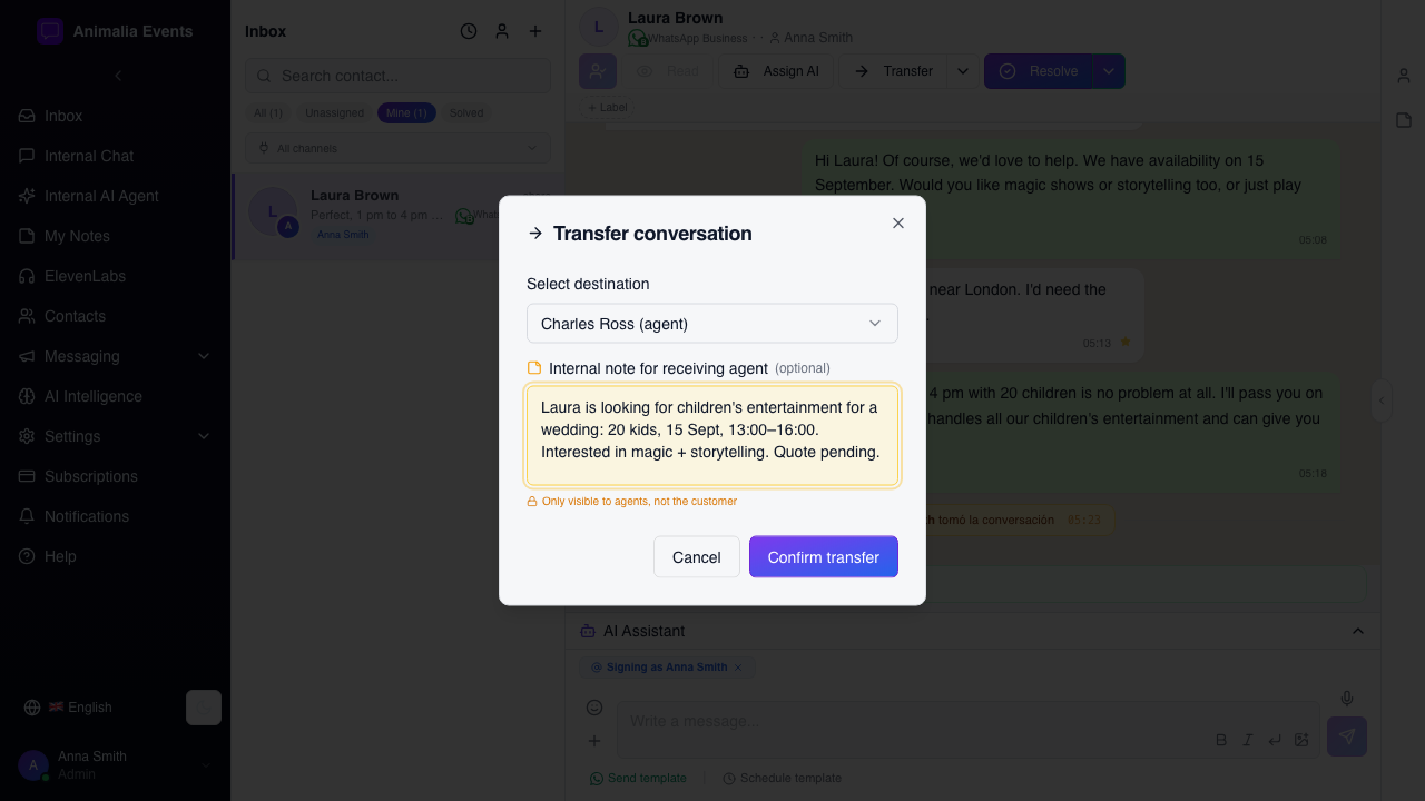 Conversation transfer modal with internal note for the receiving sales rep