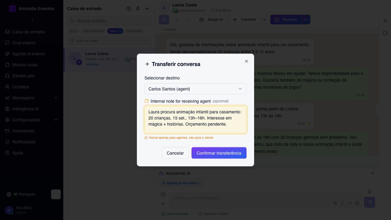 Modal de transferência de conversa com nota interna para o comercial recetor